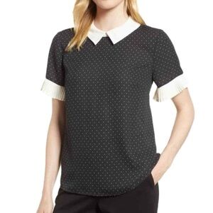 CeCe Women's Black White Polka Dot Short Sleeve Blouse with White Collar
